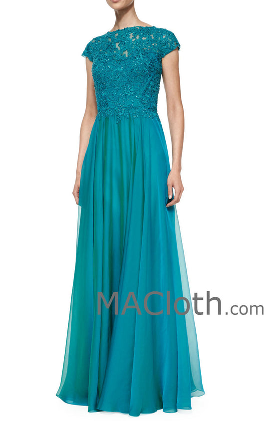 Vestido de noche largo de gasa con encaje y mangas cortas para madre de la novia de MACloth para mujer