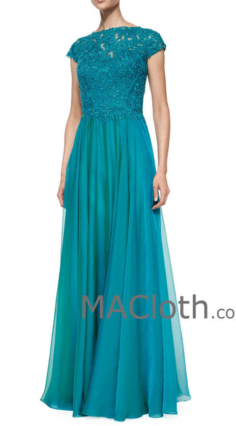 MACloth Women Cap Sleeves Lace Chiffon Long Mother of the Brides Dress Evening Gown