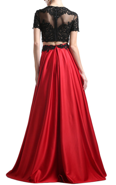 MACloth Short Sleeves Black Lace Red Prom Dress Two Piece Ball Gown