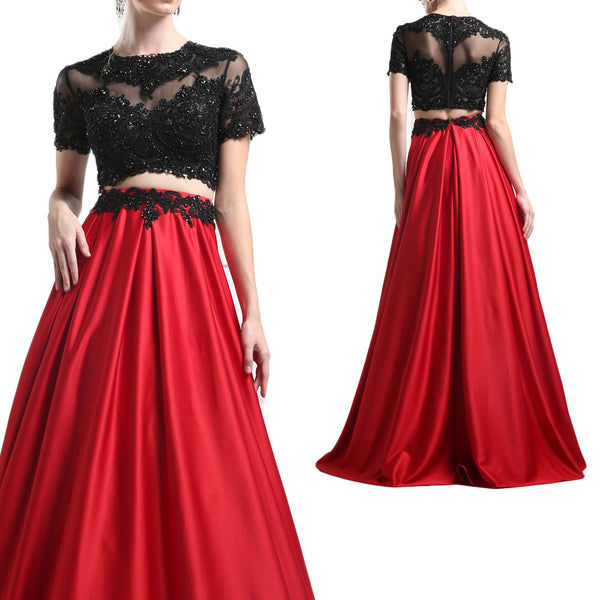 MACloth Short Sleeves Black Lace Red Prom Dress Two Piece Ball Gown