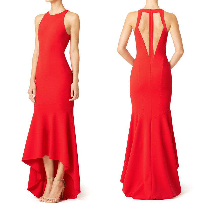 Vestido de fiesta de corte alto y bajo de jersey con tirantes de sirena de MACloth, vestido formal rojo