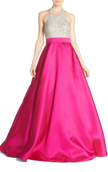MACloth Halter Beading Satin Long Prom Dress Fuchsia Ball Gown