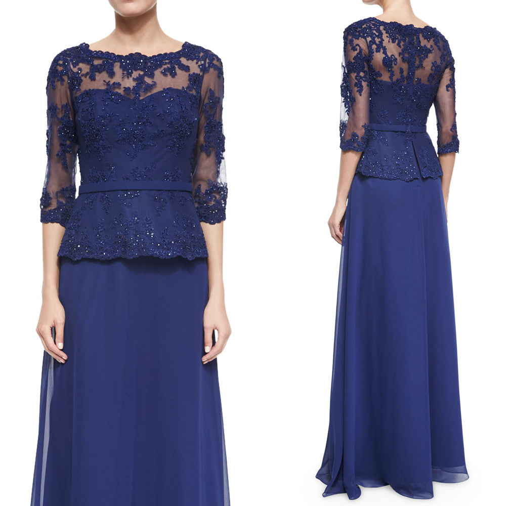MACloth Damen Abendkleid mit langen Ärmeln, Spitze, Chiffon, Königsblau, Kleid für die Brautmutter