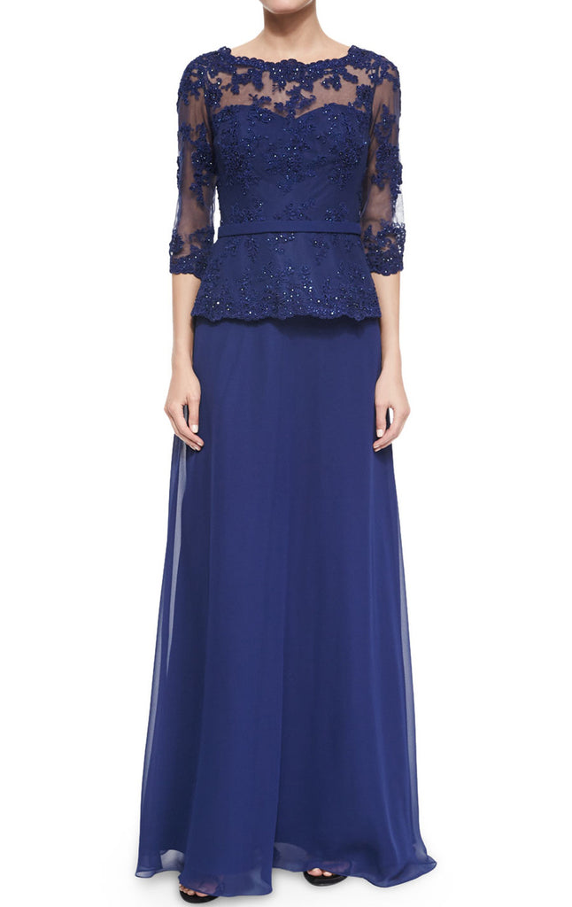 MACloth Women Long Sleeves Lace Chiffon Evening Gown Royal Blue Mother of the Brides Dress
