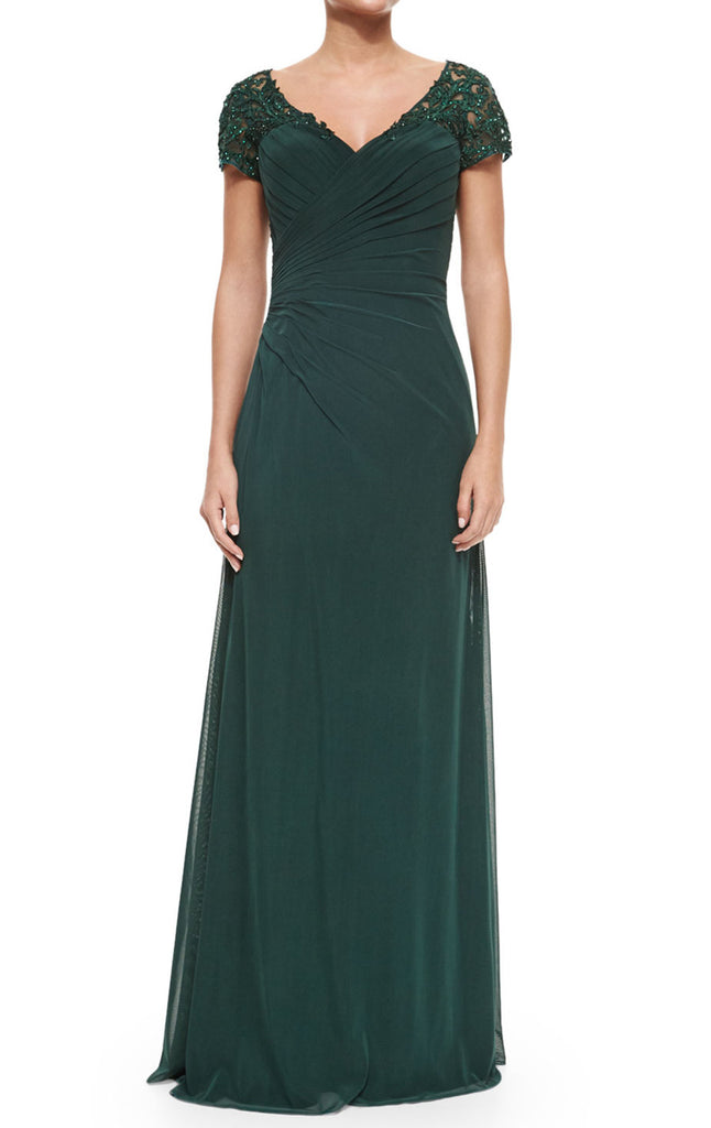 MACloth Women Cap Sleeves V Neck Lace Chiffon Long Evening Gown Dark Green Mother of the Brides Dress