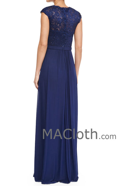 MACloth Women Cap Sleeves Lace Chiffon Long Royal Blue Mother of the Brides Dress Evening Gown