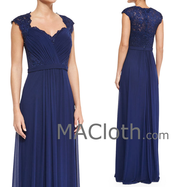 MACloth Women Cap Sleeves Lace Chiffon Long Royal Blue Mother of the Brides Dress Evening Gown