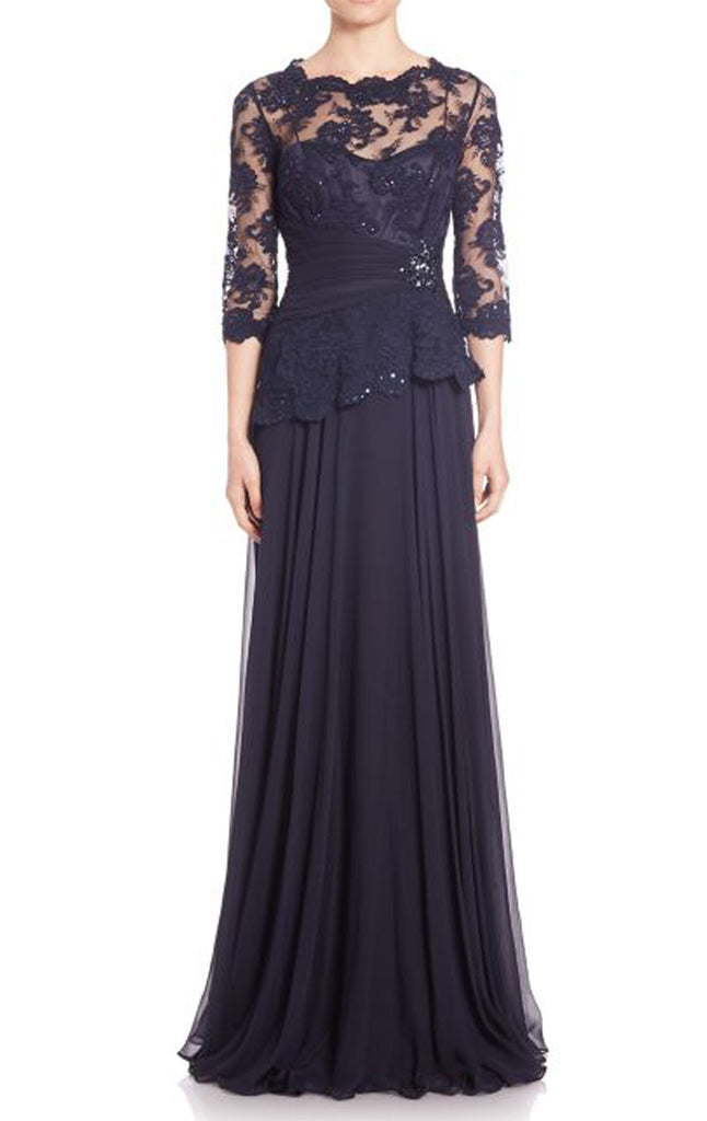 MACloth Half Sleeves Lace Chiffon Evening Gown Dark Navy Mother of the Brides Dress