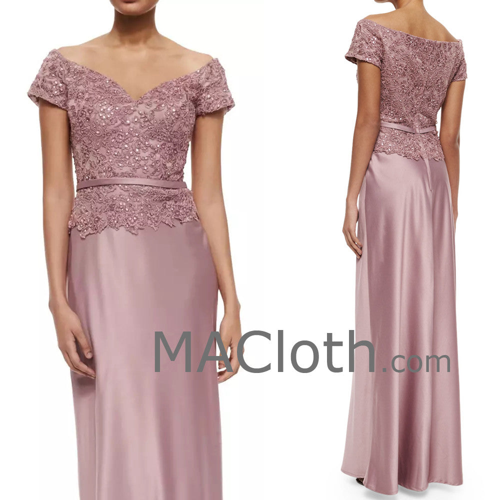 MACloth Damen Schulterfreies Langes Spitzen-Chiffon-Abendkleid für die Brautmutter