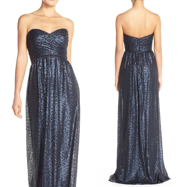 MACloth Strapless Sweetheart Sequin Long Bridesmaid Dress Dark Navy Evening Formal Gown