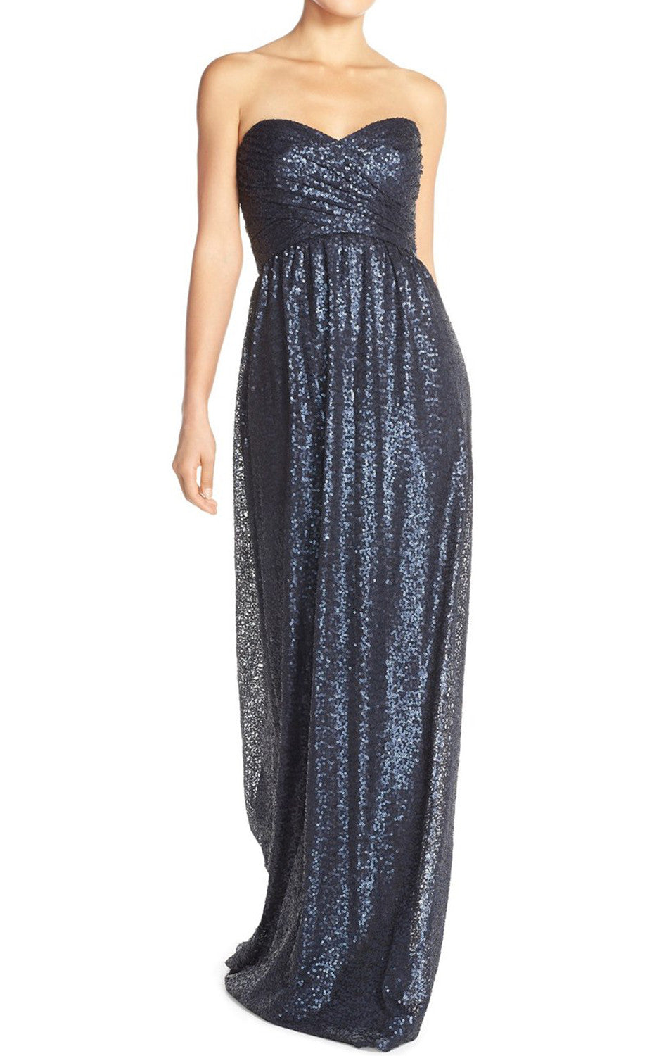 Vestido de dama de honor largo con escote en forma de corazón y lentejuelas sin tirantes de MACloth, vestido formal de noche azul marino oscuro