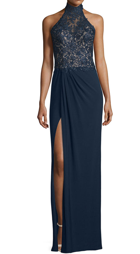 MACloth Women Halter Lace Jersey Long Evening Gown Sleeveless Formal Dress