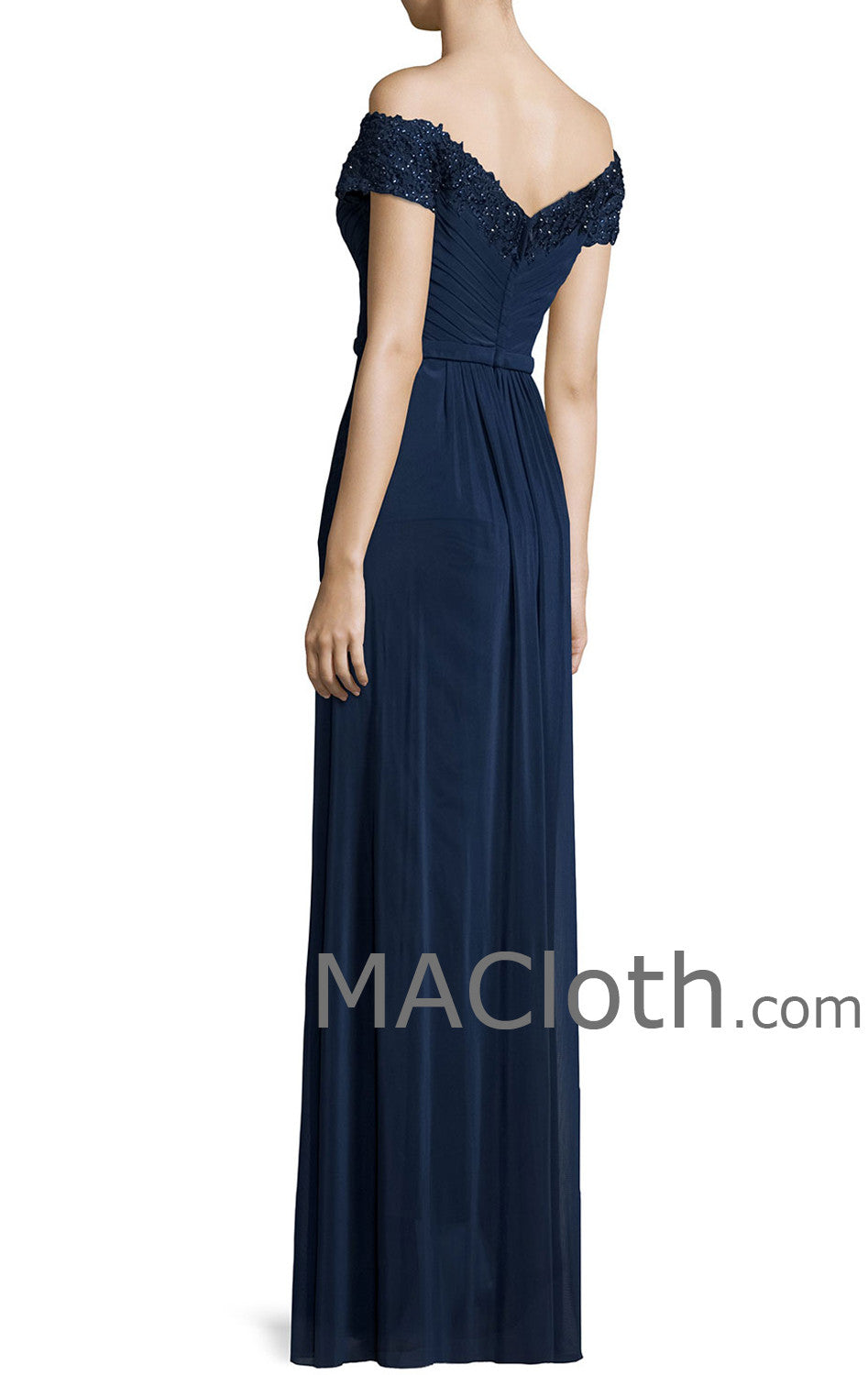 MACloth Damen Schulterfreies Spitzenjersey Dunkelmarine Abendkleid für die Brautmutter