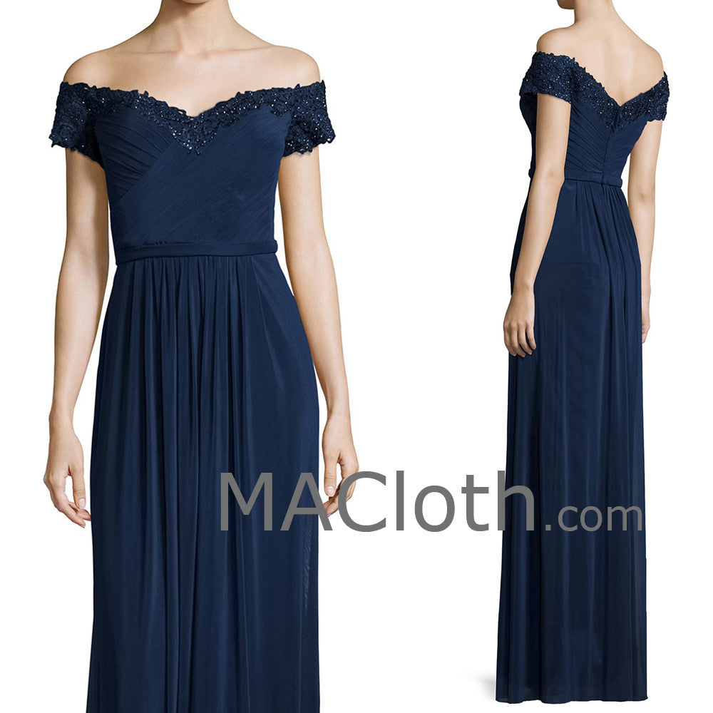 MACloth Damen Schulterfreies Spitzenjersey Dunkelmarine Abendkleid für die Brautmutter