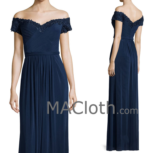 MACloth Women Off the Shoulder Lace JerseyDark Navy Mother of the Brides Dress Evening Gown