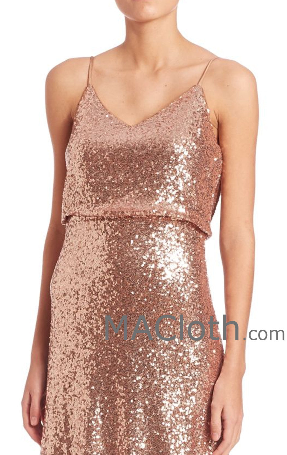 MACloth Damen Spaghettiträger Pailletten Roségold Langes Brautjungfernkleid Abendkleid