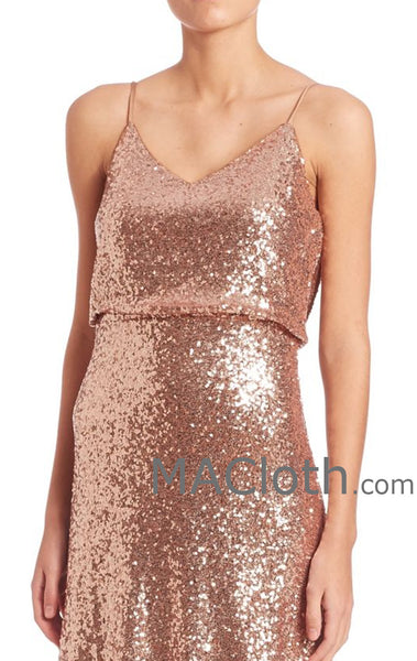 MACloth Women Spaghetti Straps Sequin Rose Gold Long Bridesmaid Dress Evening formal Gown