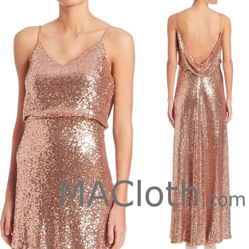 MACloth Damen Spaghettiträger Pailletten Roségold Langes Brautjungfernkleid Abendkleid