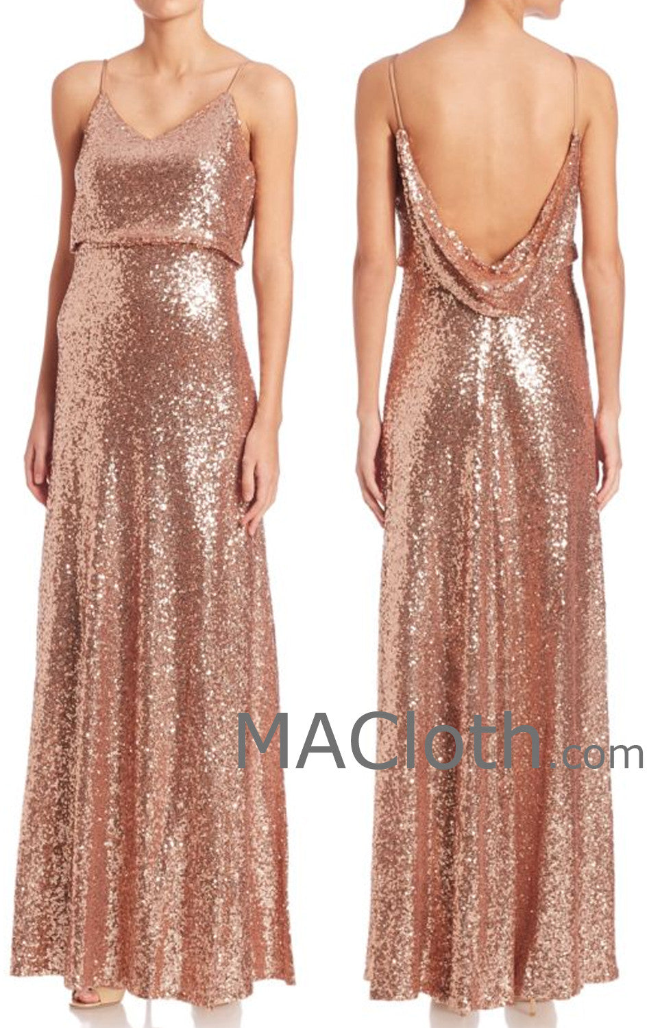 MACloth Damen Spaghettiträger Pailletten Roségold Langes Brautjungfernkleid Abendkleid