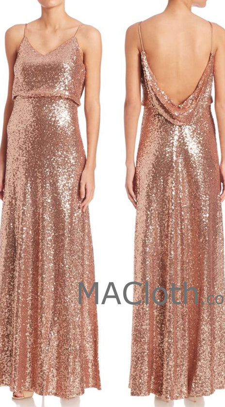 MACloth Women Spaghetti Straps Sequin Rose Gold Long Bridesmaid Dress Evening formal Gown