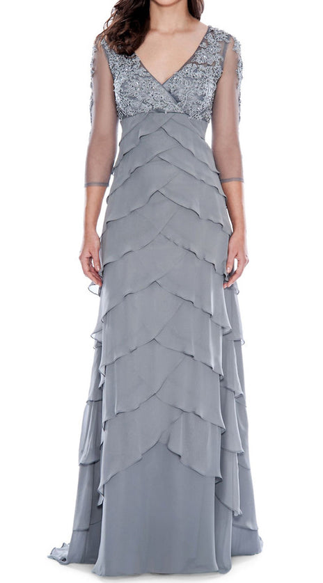 MACloth Half Sleeves Lace Chiffon Long Evening Gown Silver Mother of the Brides Dress