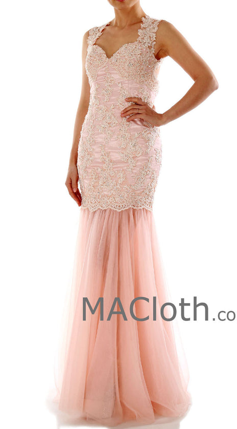 Mermaid Straps Sweetheart Long Lace Pink Prom / Evening Gown 160191