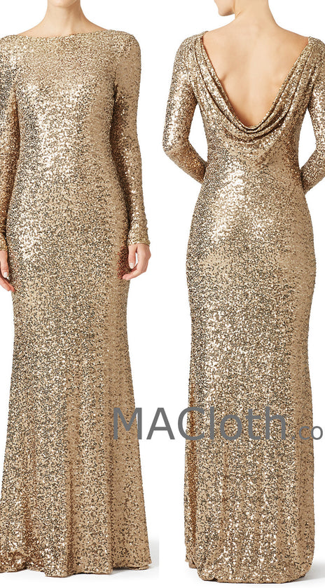 MACloth Women Mermaid Long Sleeves Sequin Evening Dress Formal Gown With Cowlback