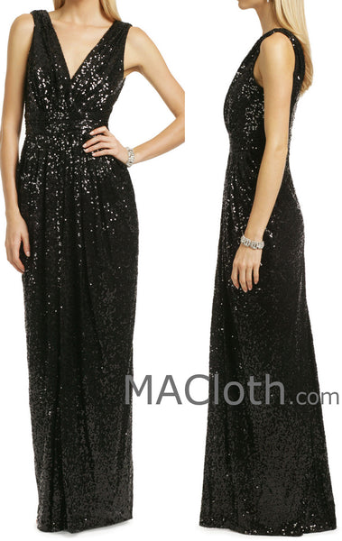 MACloth Women Straps V Neck Sequin Long Black Bridesmaid Dress Formal Evening Gown
