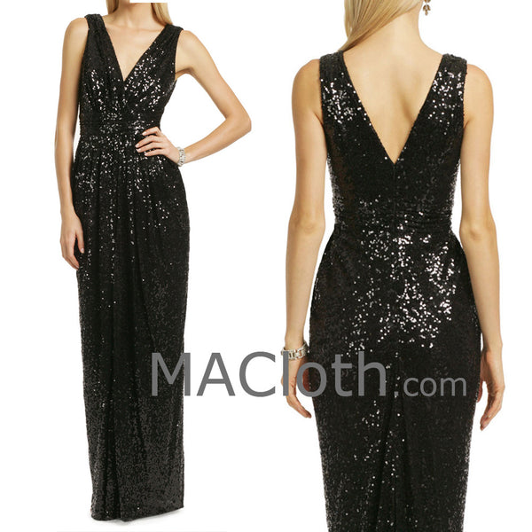 MACloth Women Straps V Neck Sequin Long Black Bridesmaid Dress Formal Evening Gown