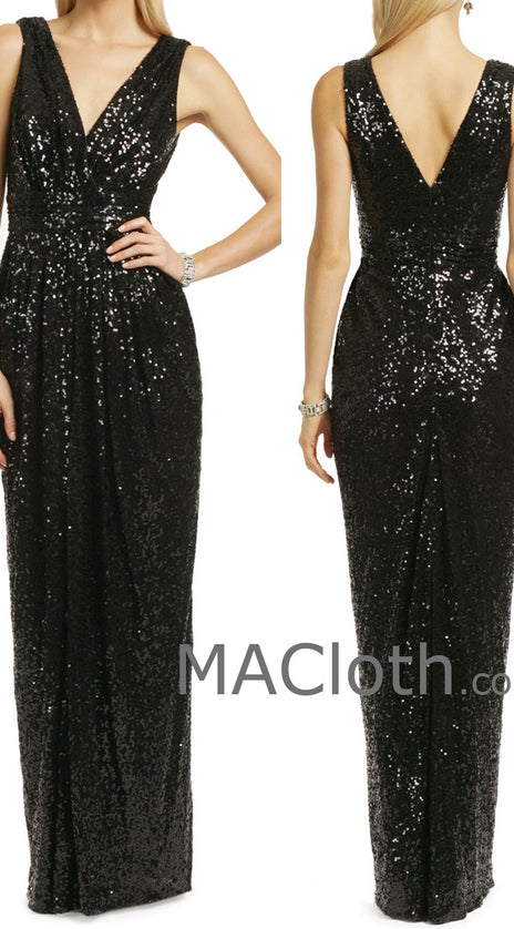 MACloth Women Straps V Neck Sequin Long Black Bridesmaid Dress Formal Evening Gown