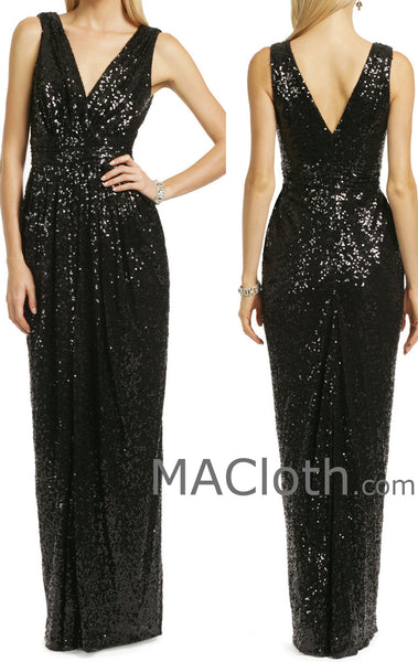 MACloth Women Straps V Neck Sequin Long Black Bridesmaid Dress Formal Evening Gown