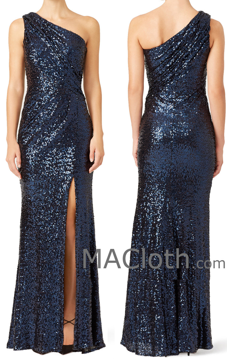 MACloth Damen Meerjungfrau Ein-Schulter Pailletten Dunkelmarine Langes Abendkleid mit Schlitz