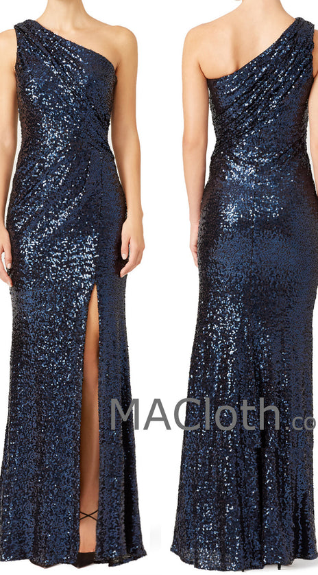 MACloth Women Mermaid One Shoulder Sequin Dark Navy Long Evening Formal Gown with Slit