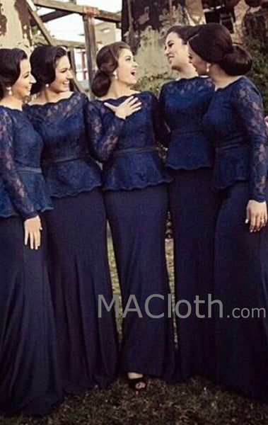MACloth Mermaid Long Sleeves Lace Jersey Dark Navy Bridesmaid Dress Wedding Party Evening Gown