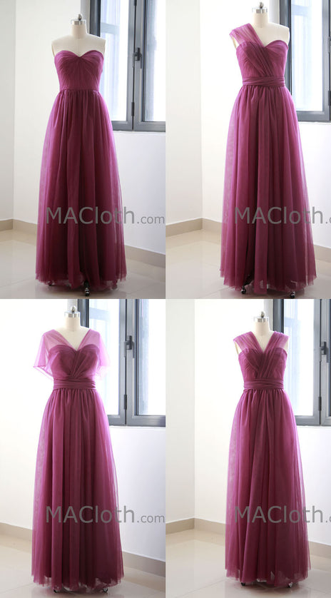 Multi Useful Tulle Burgundy Long Prom Dress, Formal Gown