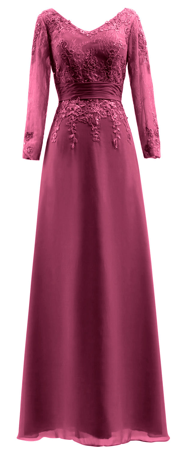 MACloth Vestidos de madre de la novia Mangas largas Cuello en V Encaje Vestido de noche formal