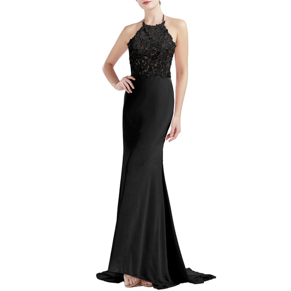 MACloth Women Sleeveless Halter Jersey Mermaid Long Prom Party Dresses Evening