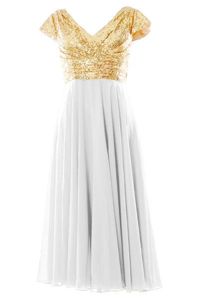 MACloth Women Mother of Bride Dresses Tea Length Sequin Cap Sleeves Bridesmaid
