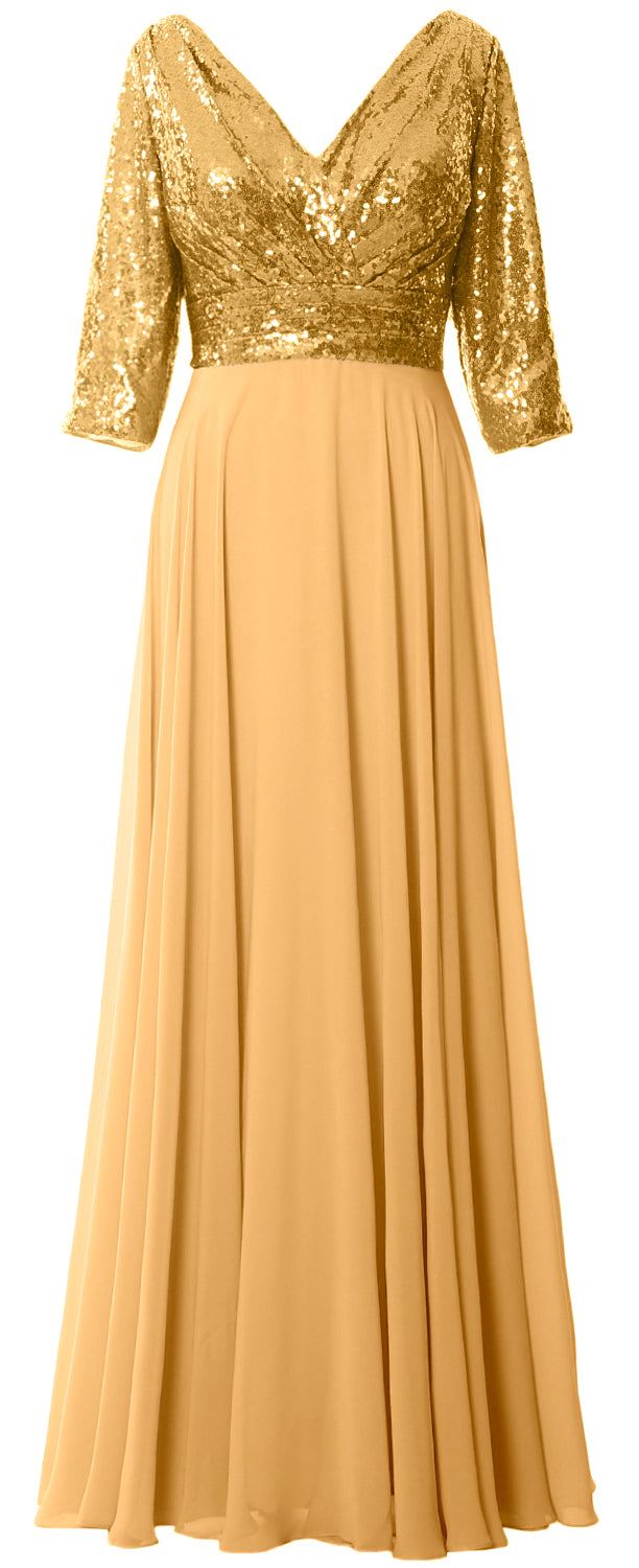 MACloth Damen Maxikleid mit langen Ärmeln und V-Ausschnitt und Pailletten