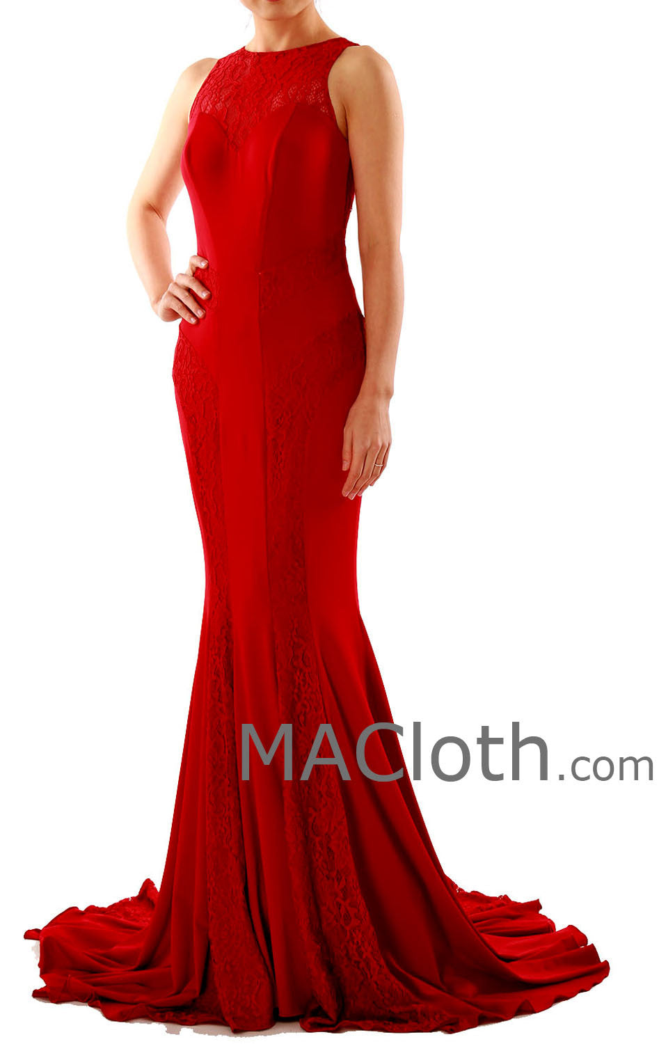 Burgunderrotes Abendkleid mit Meerjungfrau-Trägern, Rundhalsausschnitt, Spitzenjersey und Schleppe 160124