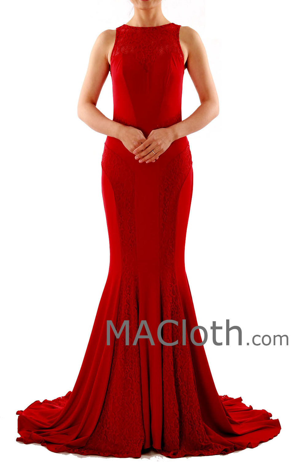 Burgunderrotes Abendkleid mit Meerjungfrau-Trägern, Rundhalsausschnitt, Spitzenjersey und Schleppe 160124