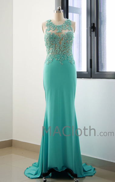 Mermaid Straps O Neck Floor Length Lace Jersey Mint Prom Dress Evening Gown 160107