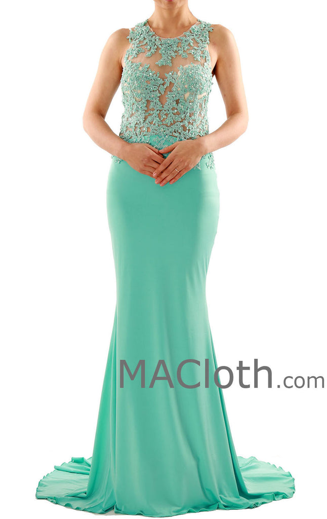 Mermaid Straps O Neck Floor Length Lace Jersey Mint Prom Dress Evening Gown 160107