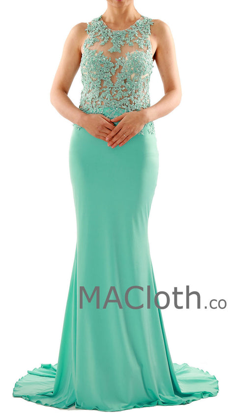 Mermaid Straps O Neck Floor Length Lace Jersey Mint Prom Dress Evening Gown 160107
