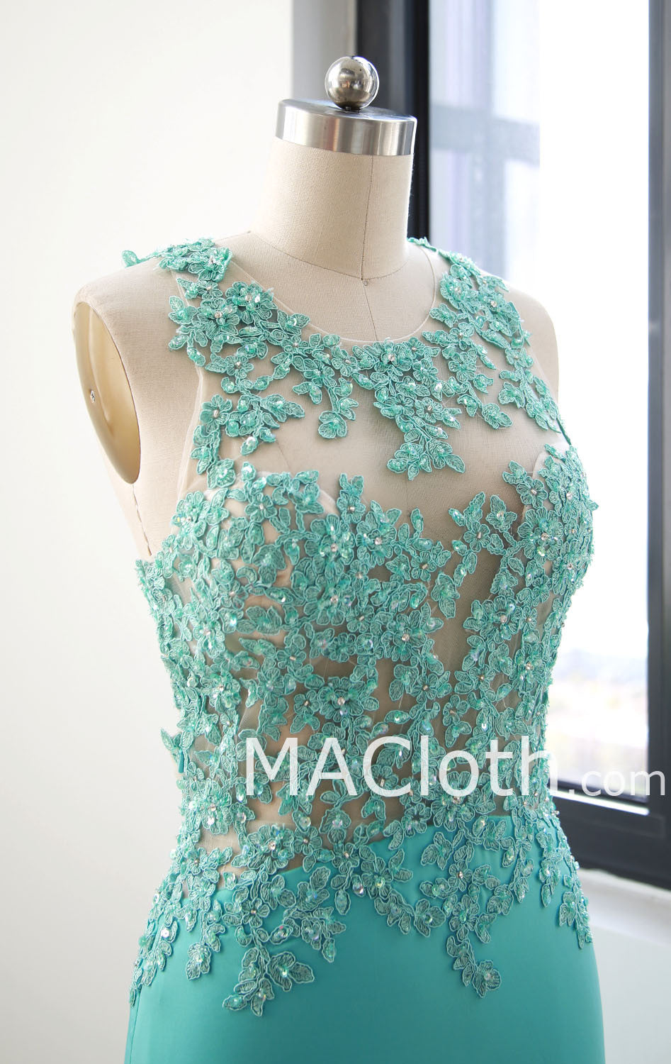 Vestido de fiesta de noche con escote en V y tirantes finos, de encaje, color menta, largo hasta el suelo, 160107