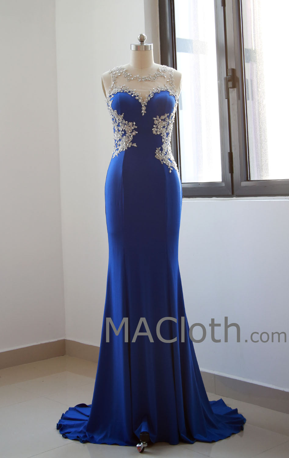 Meerjungfrau-Träger, Spitzenjersey, Königsblau, Ballkleid, Abendkleid 160108