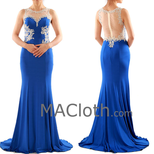 Mermaid Straps Lace Jersey Royal Blue Prom Dress, Evening Gown 160108