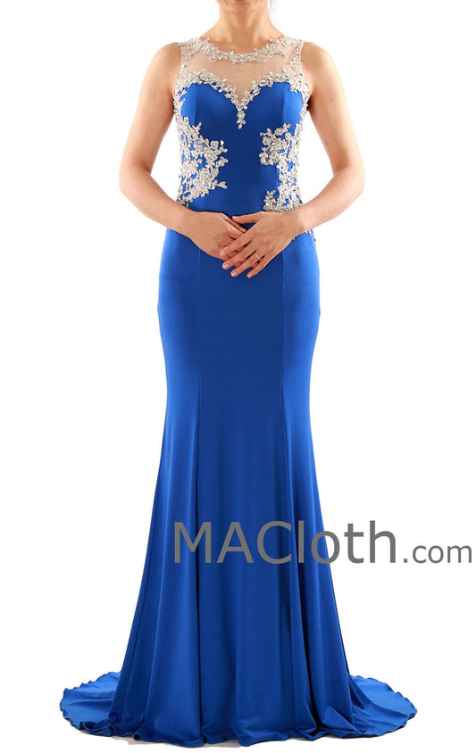 Vestido de fiesta azul real de jersey de encaje con tirantes de sirena, vestido de noche 160108