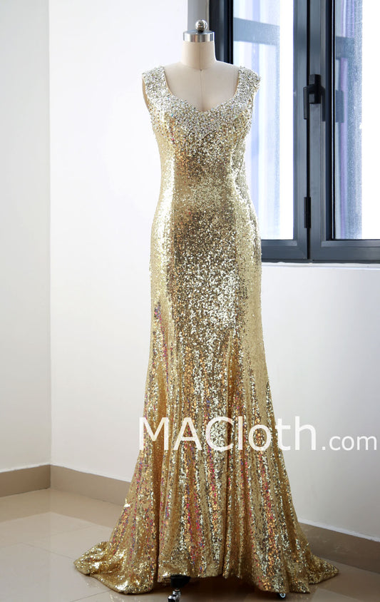 Mermaid Straps Sweetheart Long Sequin Gold Evening Prom Dress