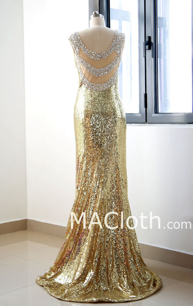 Mermaid Straps Sweetheart Long Sequin Gold Evening Prom Dress